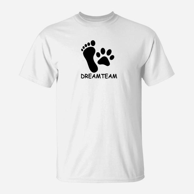 Dreamteam Unisex T-Shirt mit Fuß- & Pfotenabdruck, Weiß