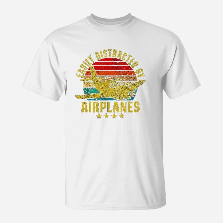 Easily Distracted By Airplanes Funny Vintage Retro Pilot T-Shirt