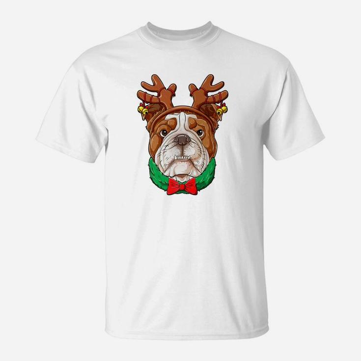 English Bulldog Christmas Shirt Reindeer Antlers Dog Girls T-Shirt