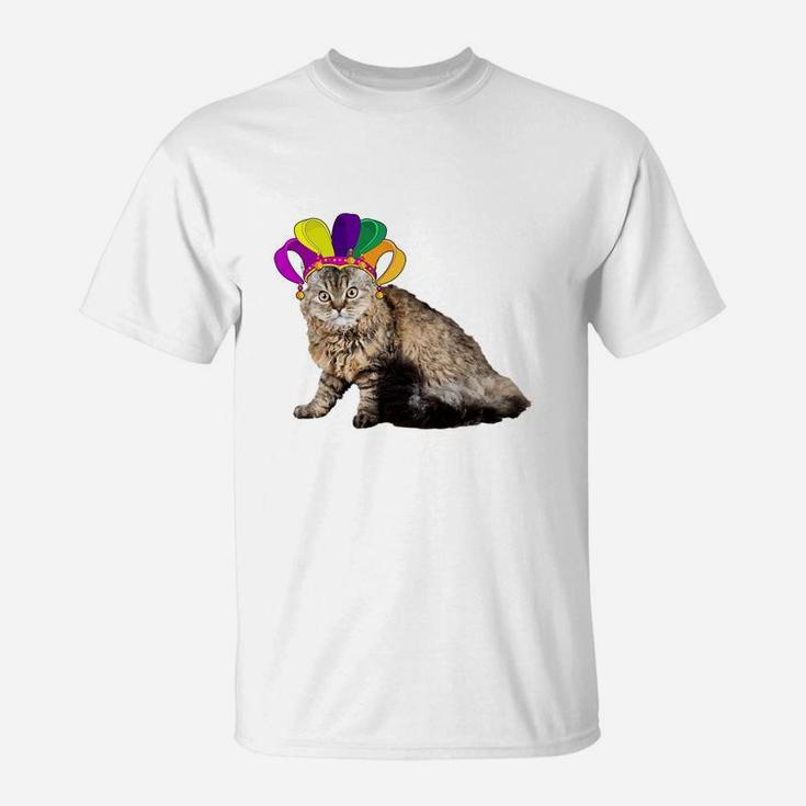 Fat Tuesday Mardi Gras Selkirk Rex Wearing Jester Hat Gift Cat Lovers T-Shirt