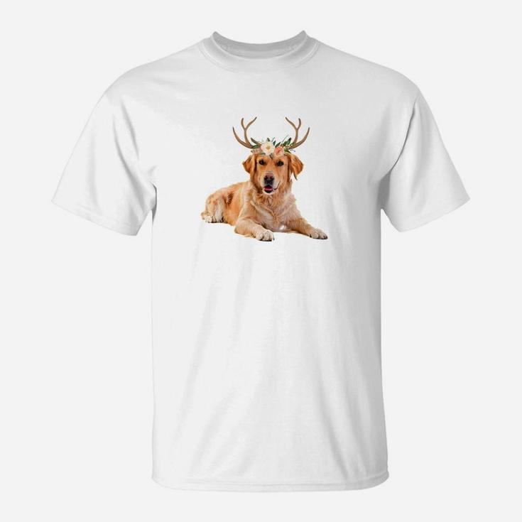 Golden Retriever Dog Reindeer Antlers Funny Christmas Shirt T-Shirt