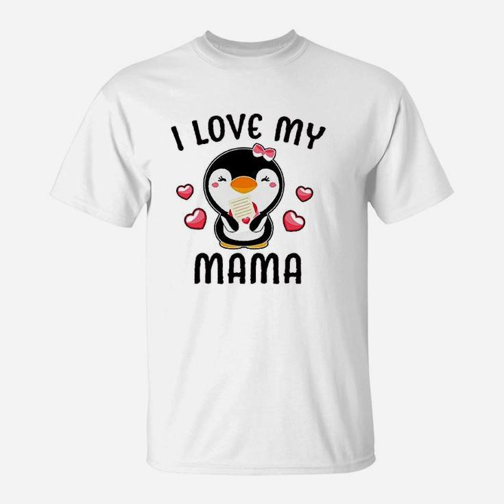 I Love My Mama With Cute Penguin And Hearts T-Shirt