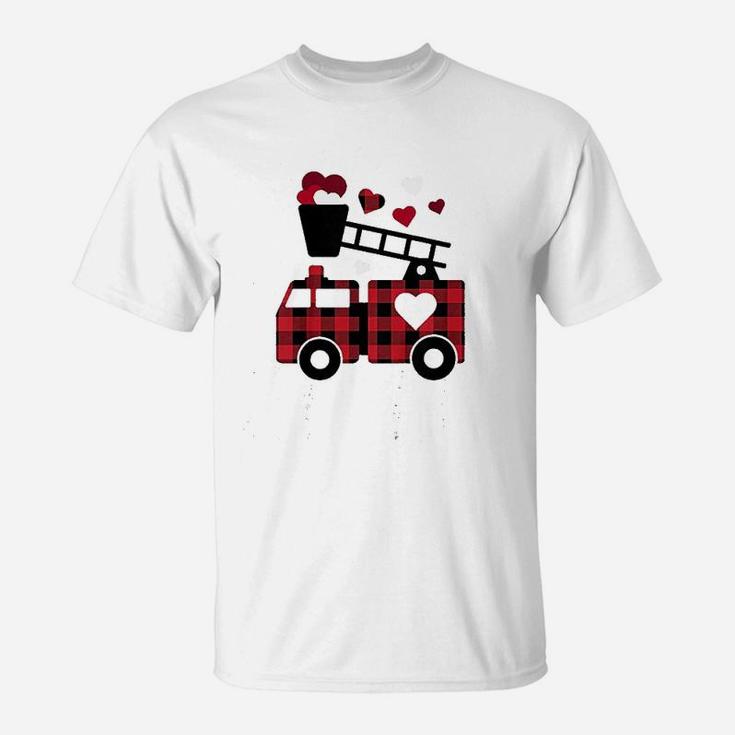 Kids Fire Truck Buffalo Plaid Valentines Day Mom Dad Son T-Shirt