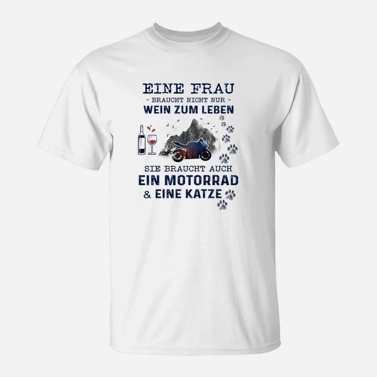 Lustiges Damen T-Shirt Wein, Motorrad & Katze, Für Wein- & Motorradfans