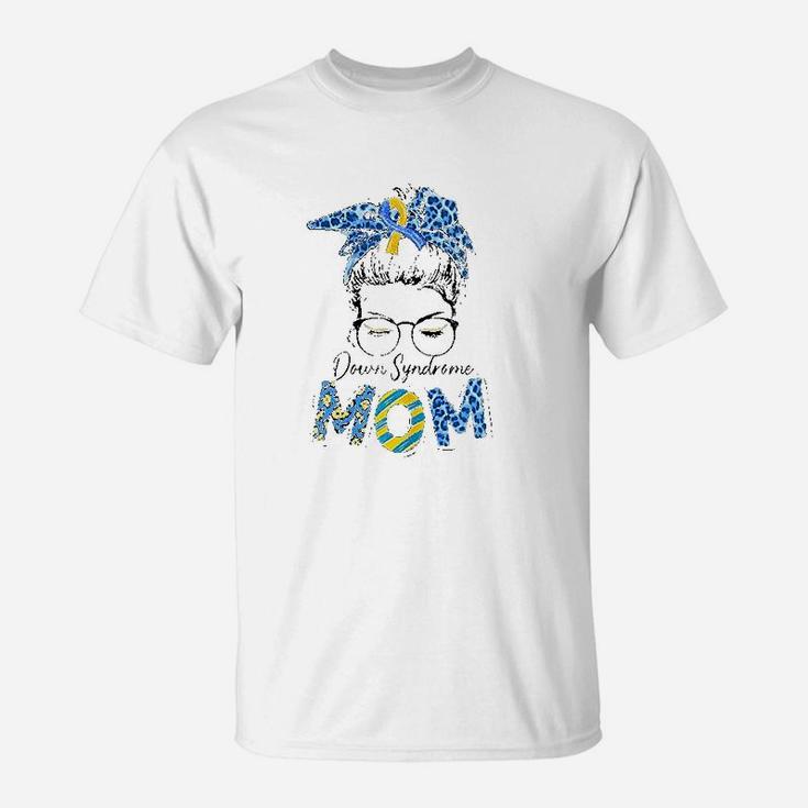 Messy Bun Leopard Blue Yellow Ribbon Syndrome Mom T-Shirt