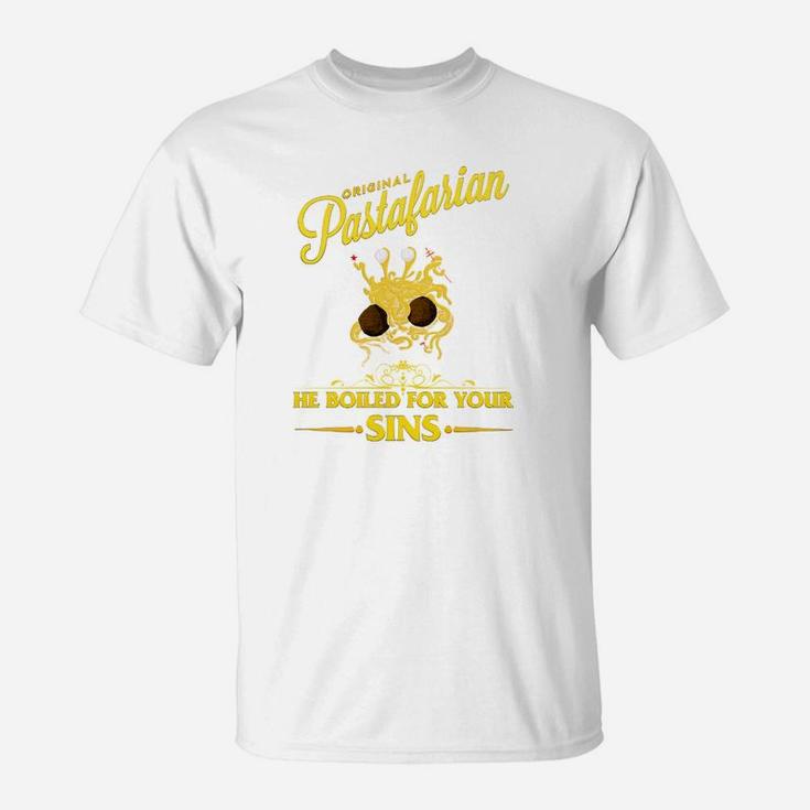 Pastafarian Lustiges T-Shirt: Er kochte für deine Sünden, Spaghetti-Monster Motiv