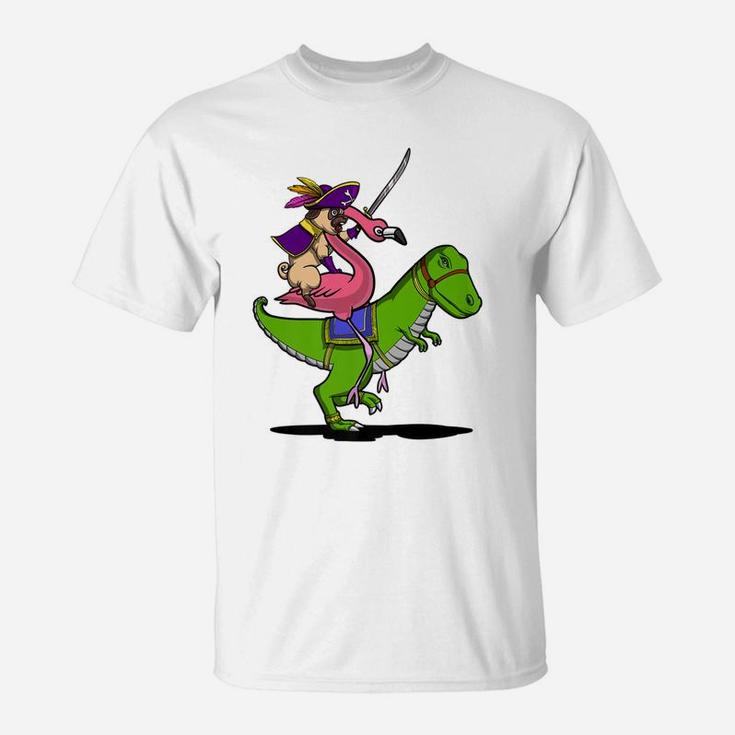Pug Dog On Flamingo Bird Riding Trex Dinosaur Funny T-Shirt
