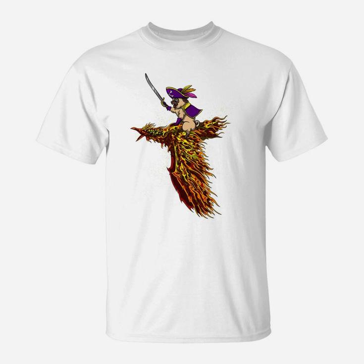 Pug Dog Pirate Riding Phoenix Bird Funny T-Shirt