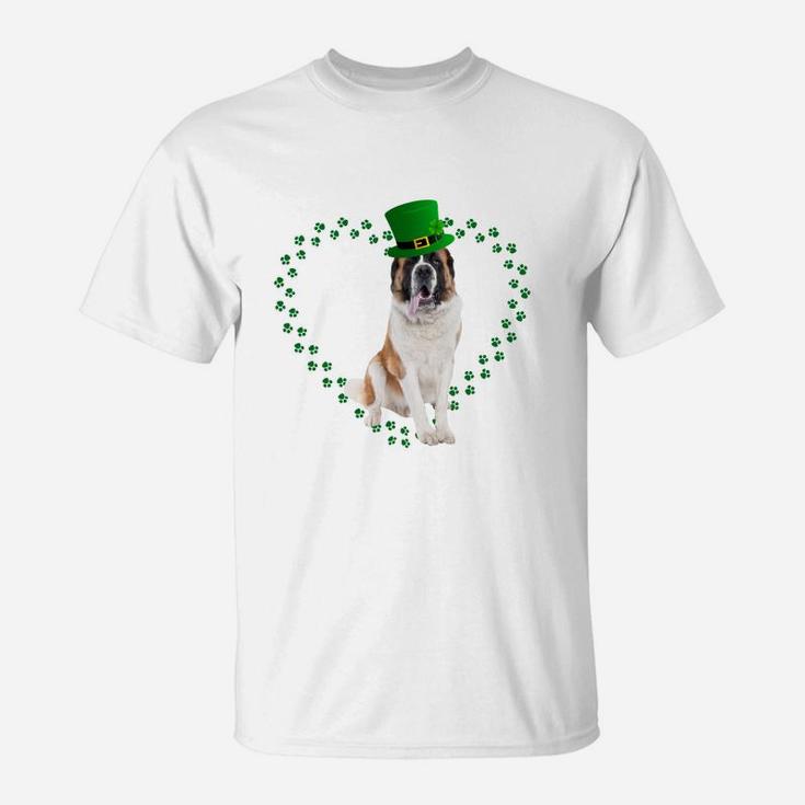 Saint Bernard Heart Paw Leprechaun Hat Irish St Patricks Day Gift For Dog Lovers T-Shirt