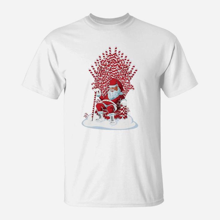 Santa On Candy Cane Throne Funny Christmas T-shirt Large T-Shirt