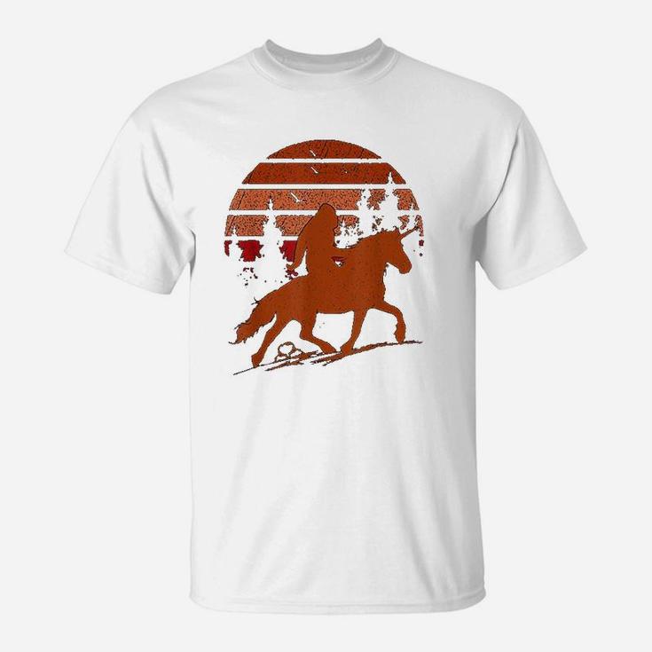 Sasquatch Riding A Unicorn Bigfoot Retro Sunset Vintage T-Shirt