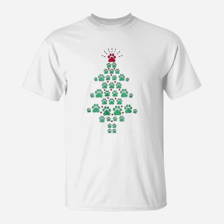Super Cute Dog Paws Print Christmas Tree T-Shirt