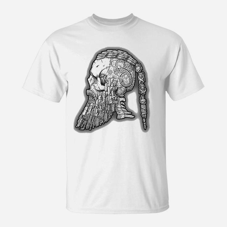 Vintage Viking Warrior Beard Skull Sketched Print T-Shirt
