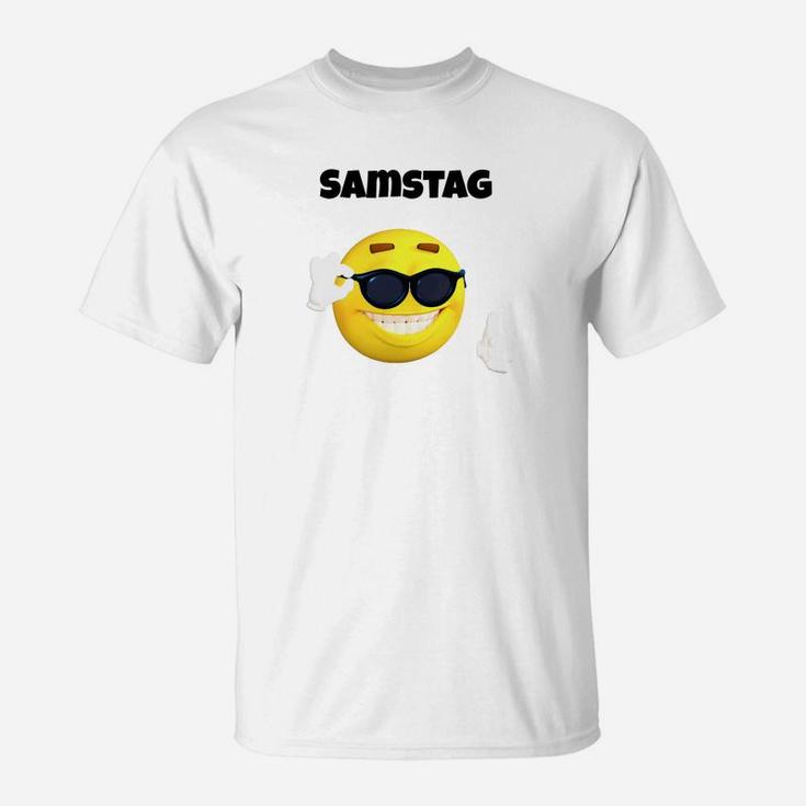Weißes T-Shirt Samstag mit Emoji & Sonnenbrille-Design