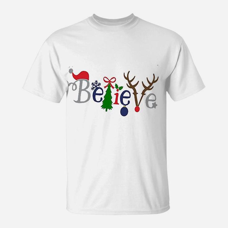 Women Merry Christmas Cute Santa Tree Reindeer Believe T-Shirt
