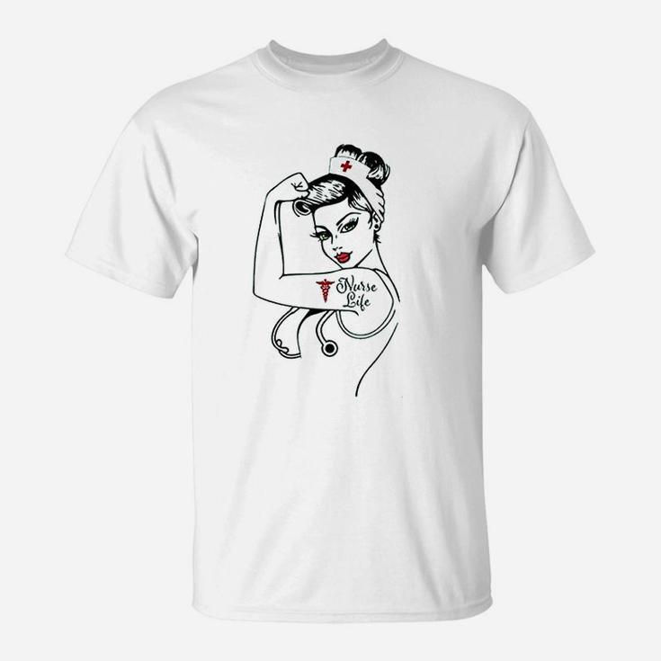 Women Nurse Funny Graphic Rosie The Riveter T-Shirt