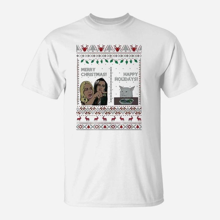 Yelling Woman Cat Meme Merry Christmas Happy Holidays Ugly Christmas Shirt T-Shirt