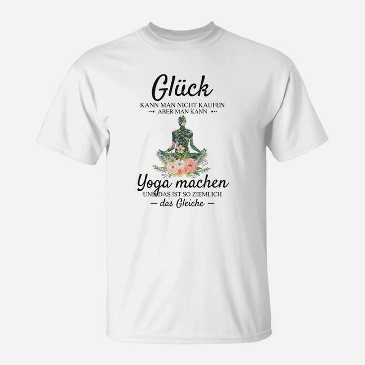 Yoga-T-Shirt Glück durch Yoga für Enthusiasten, Weißes Unisex Design