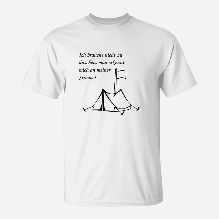 Zelt-Motiv T-Shirt Weiß, Lustiges Spruch-Shirt für Camper